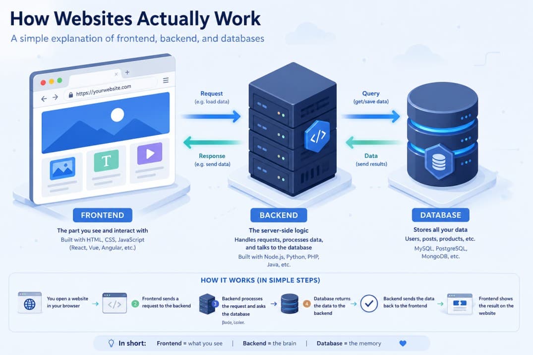 How Websites Actually Work: A Simple Guide to Frontend, Backend, and Databases