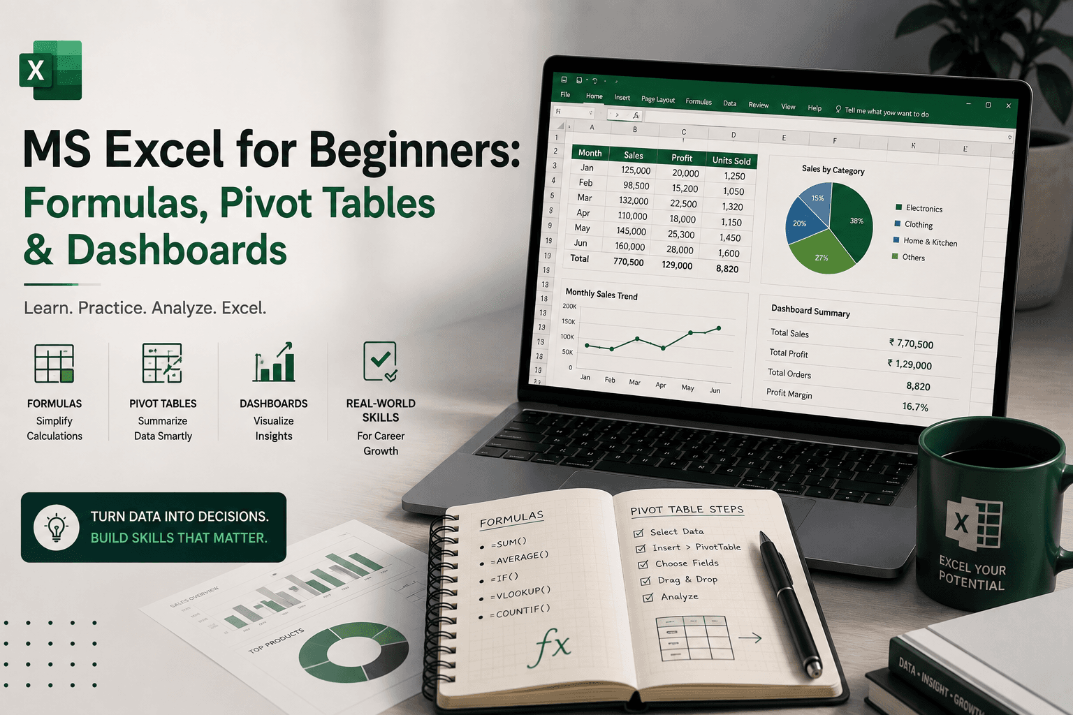 MS Excel for Beginners: Formulas, Pivot Tables & Dashboards