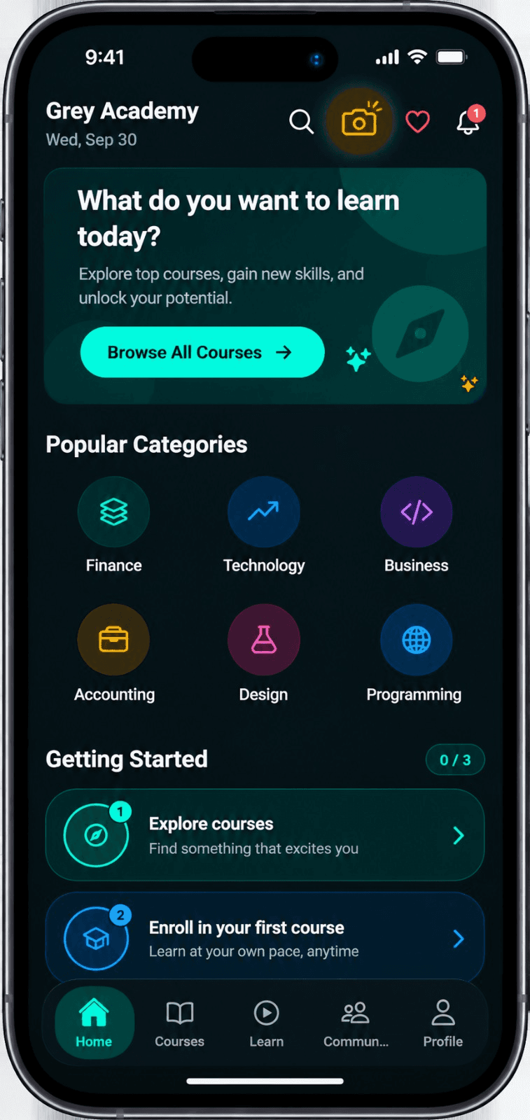 GreyAcademy Android app home screen