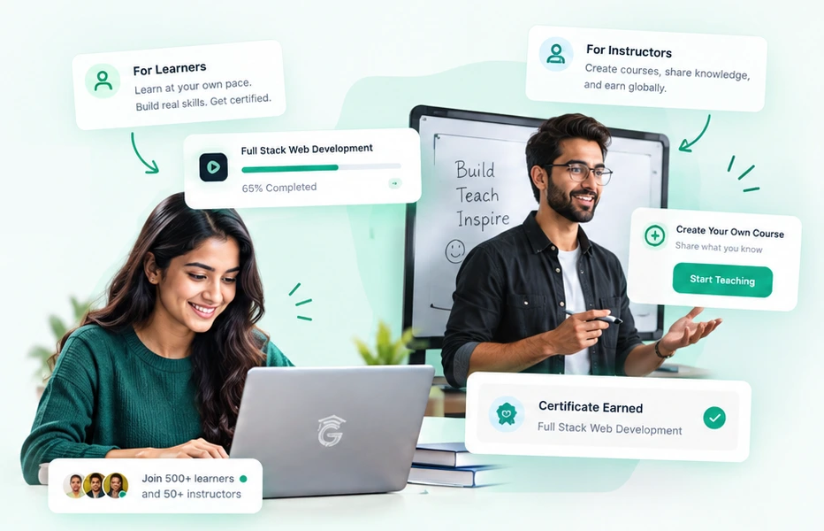 A learner studying on a laptop and an instructor teaching, with cards for learners, instructors, course progress and certificates